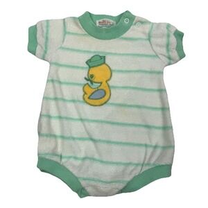 VTG Terry Cloth Striped Romper Duck Sailor Green White Unisex Health Tex 3Months